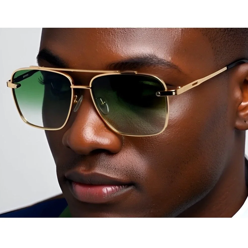 Gold Metal Aviator Sunglasses Gradient Green Lenses‎ Double Bridge Men's Fashion